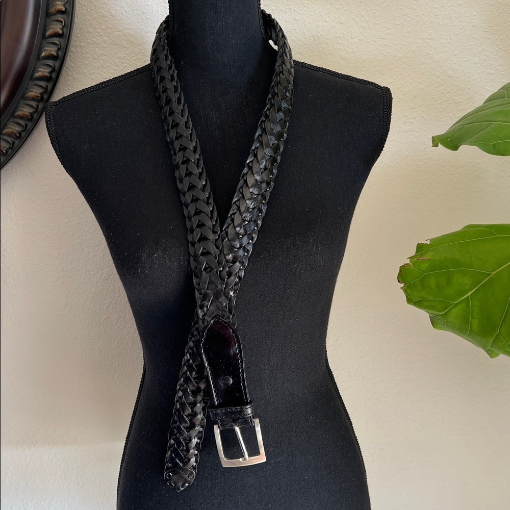 Men’s Black Woven Leather Belt with Silver Tone Buckle Size 36